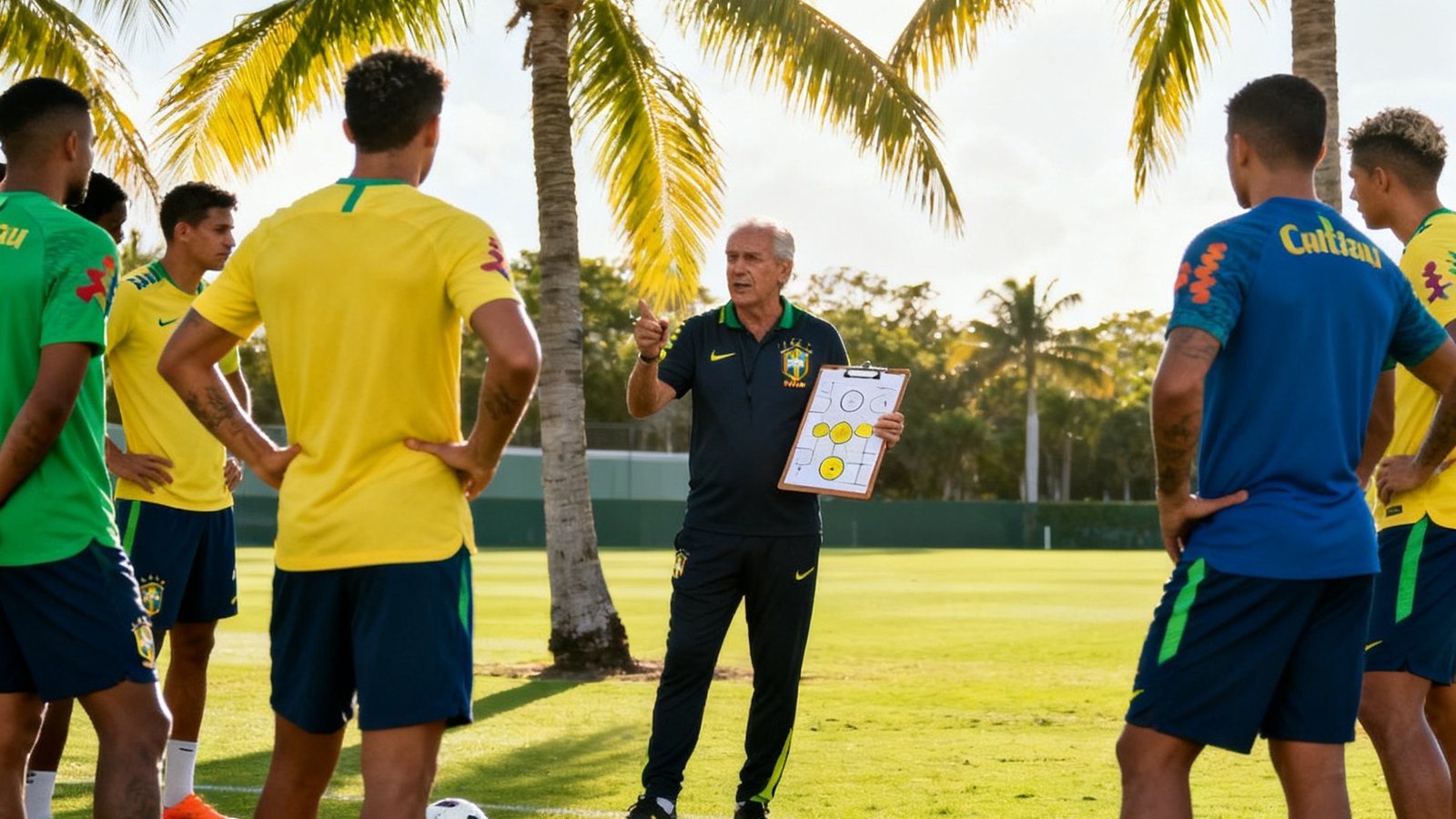 巴西国家队在迈阿密训练基地进行赛前战术演练，主教练站在场边手持战术板向队员布置定位球战术，阳光透过棕榈树洒在绿茵场上，球员们神情专注