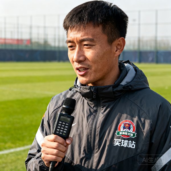 买球站首席编辑刘航的头像照，他正在球场边手持录音笔采访球员，身穿印有买球站标志的冲锋衣，背景是训练场的绿茵草坪和围栏